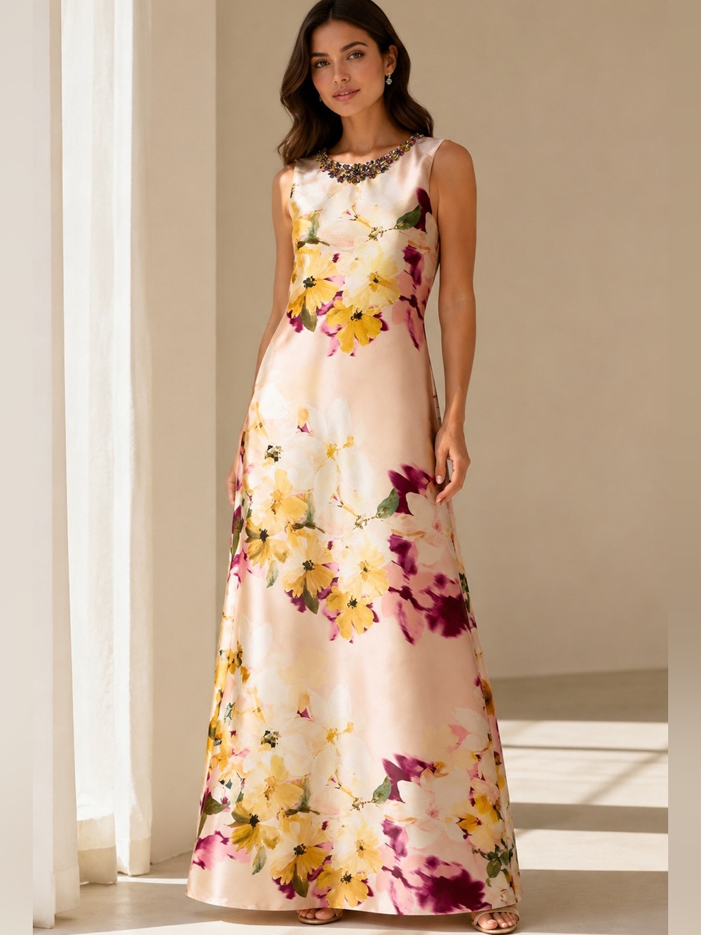 New Aidan Mattox Adrianna Papell Mikado Floral Print Beaded Neck Sheath Gown 4